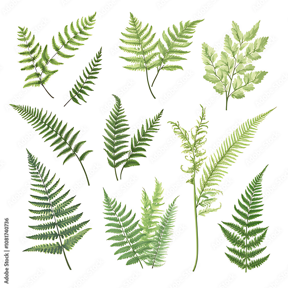 A collection of various fern leaves showcasing unique shapes and shades of green arranged artistically on a white background
