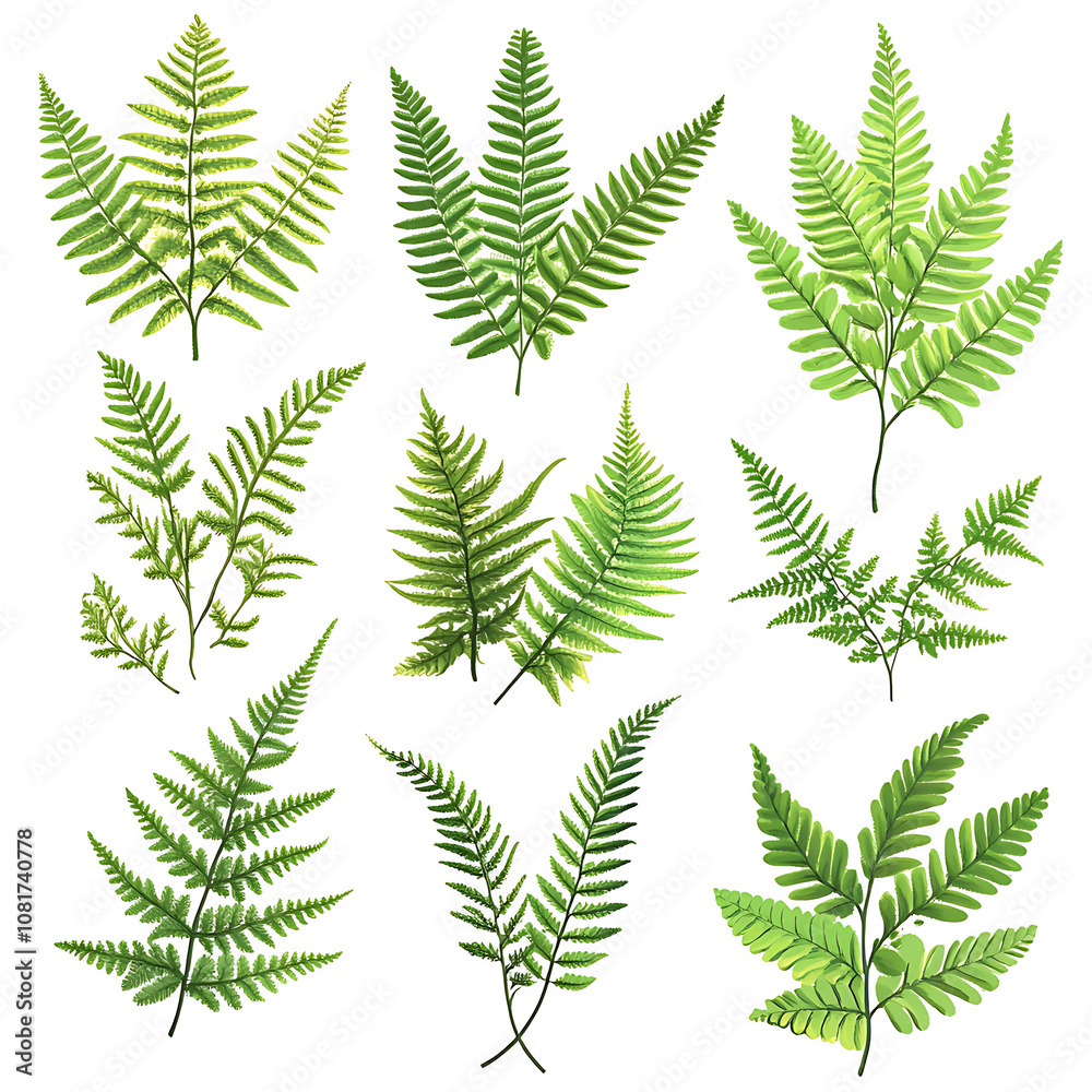 A variety of green ferns arranged artistically showcasing different shapes and sizes in a natural setting, perfect for botanical studies A variety of green ferns arranged artistically showcasing different shapes and sizes in a natural setting, perfect for botanical studies