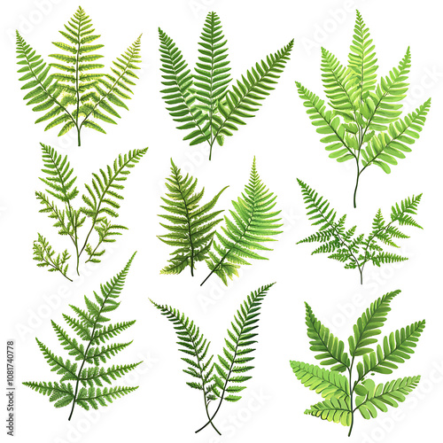 A variety of green ferns arranged artistically showcasing different shapes and sizes in a natural setting, perfect for botanical studies