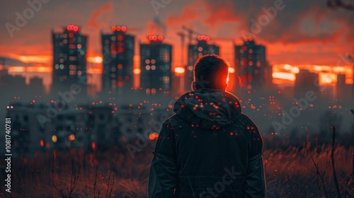 A silhouetted figure gazes at a vibrant sunset over urban buildings in a city skyline, capturing the tranquil moment in the evening light