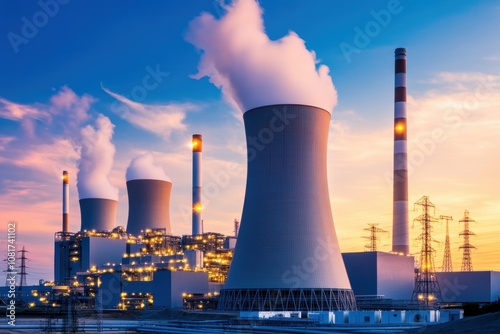 Nuclear power station at night, its lights glowing against a dark sky, highlighting 247 electricity production