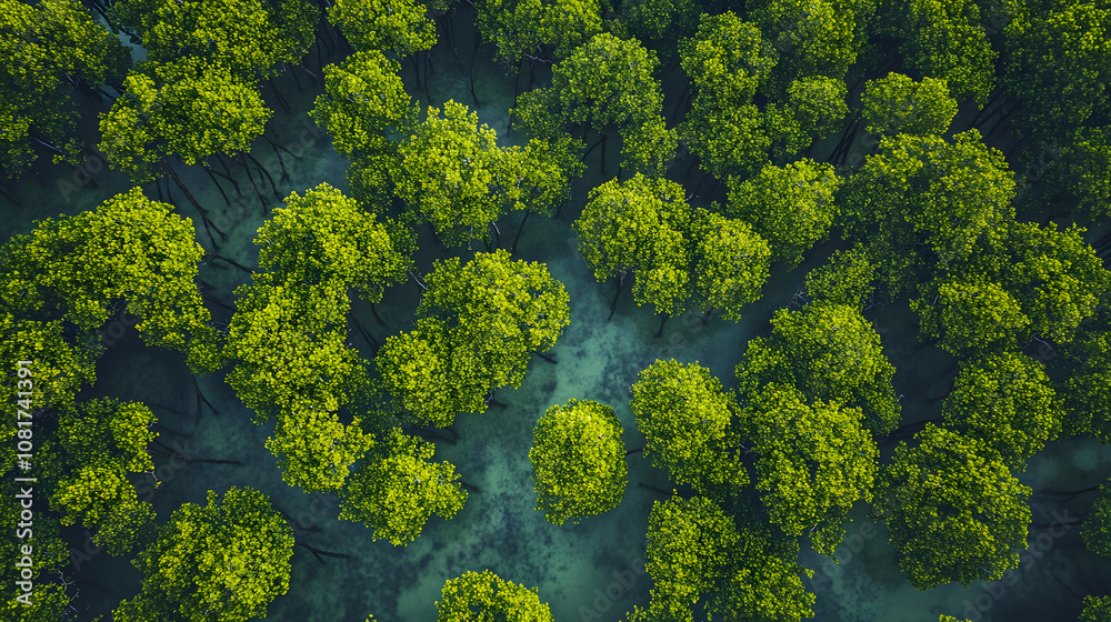 Naklejka premium Bottom-up view green mangrove forest canopy. Natural carbon sink fight climate change. Sustainability in carbon-neutral ecosystems. Green and sustainable environment. Natural carbon capture solution.