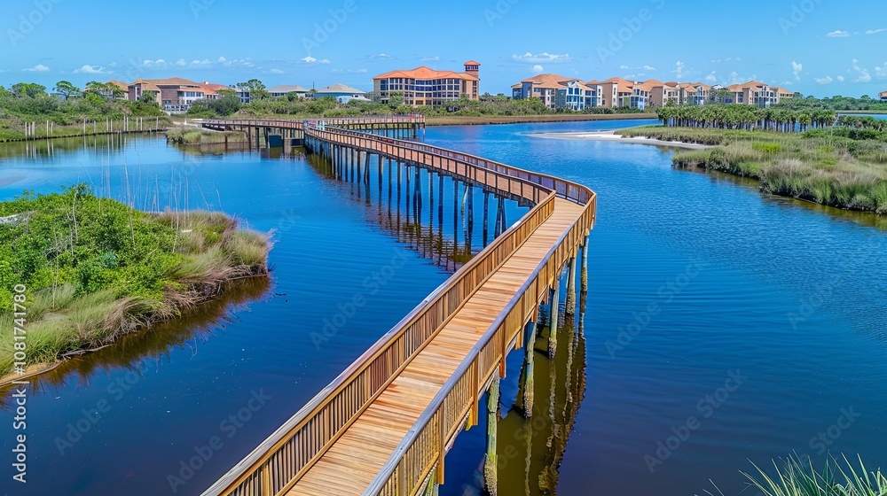 Wooden Boardwalk Over a Winding Waterway with Coastal Homes in the Background Wooden Boardwalk Over a Winding Waterway with Coastal Homes in the Background
