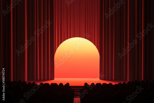 Theater stage with red curtains, spotlight on the center, audience silhouettes in the foreground, and elaborate props on stage, 3D illustration photo