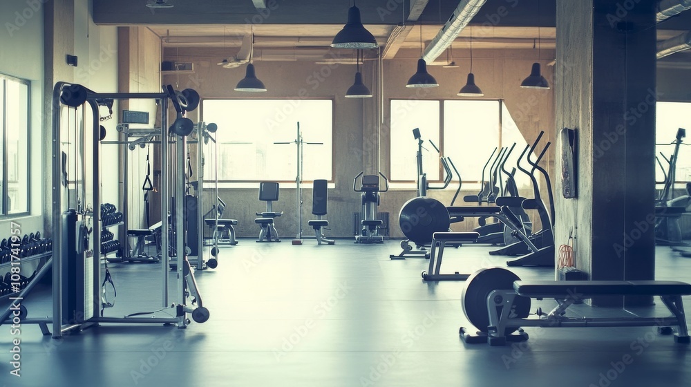 A gymnasium filled with modern exercise equipment, indoor setting with soft lighting, Minimalist style A gymnasium filled with modern exercise equipment, indoor setting with soft lighting, Minimalist style