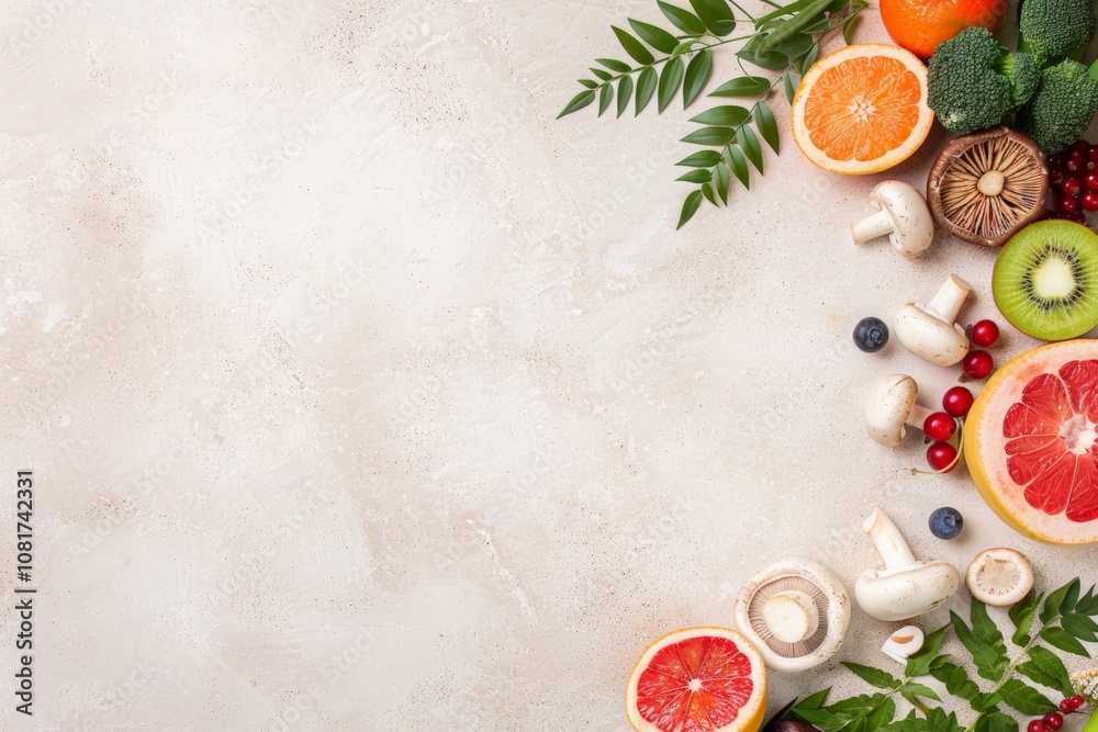 A variety of fresh fruits and vegetables, including grapefruit, mushrooms, kiwi, and berries, arranged on the right side of the image with blank space on the left, ideal for design or text. A variety of fresh fruits and vegetables, including grapefruit, mushrooms, kiwi, and berries, arranged on the right side of the image with blank space on the left, ideal for design or text.