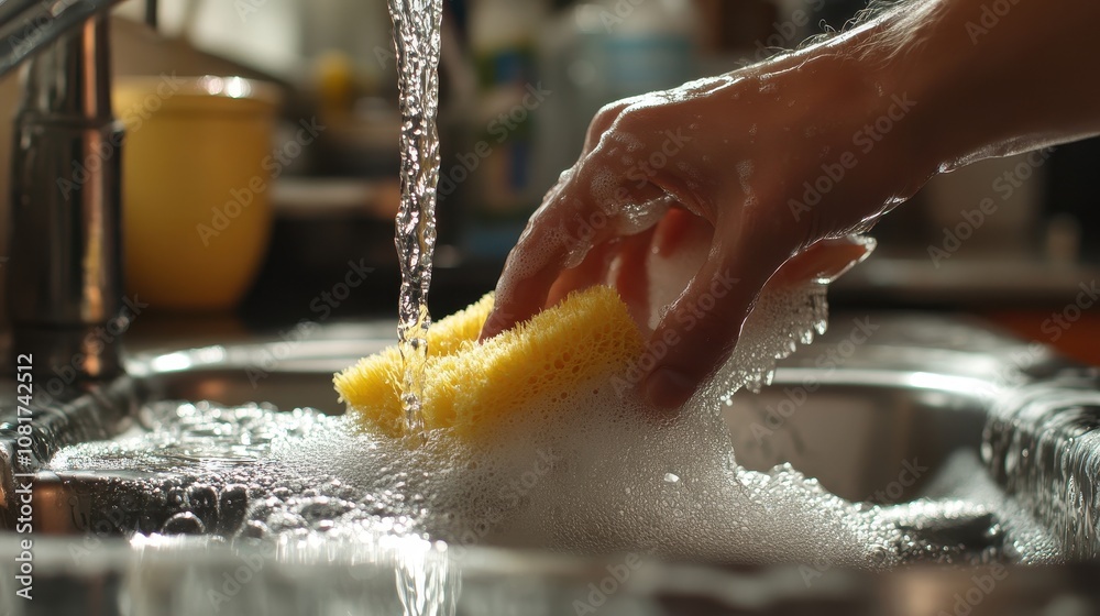 Fototapeta premium A hand washes a sponge in a sink. This photo is perfect for illustrating the process of cleaning or for demonstrating the use of dish soap.