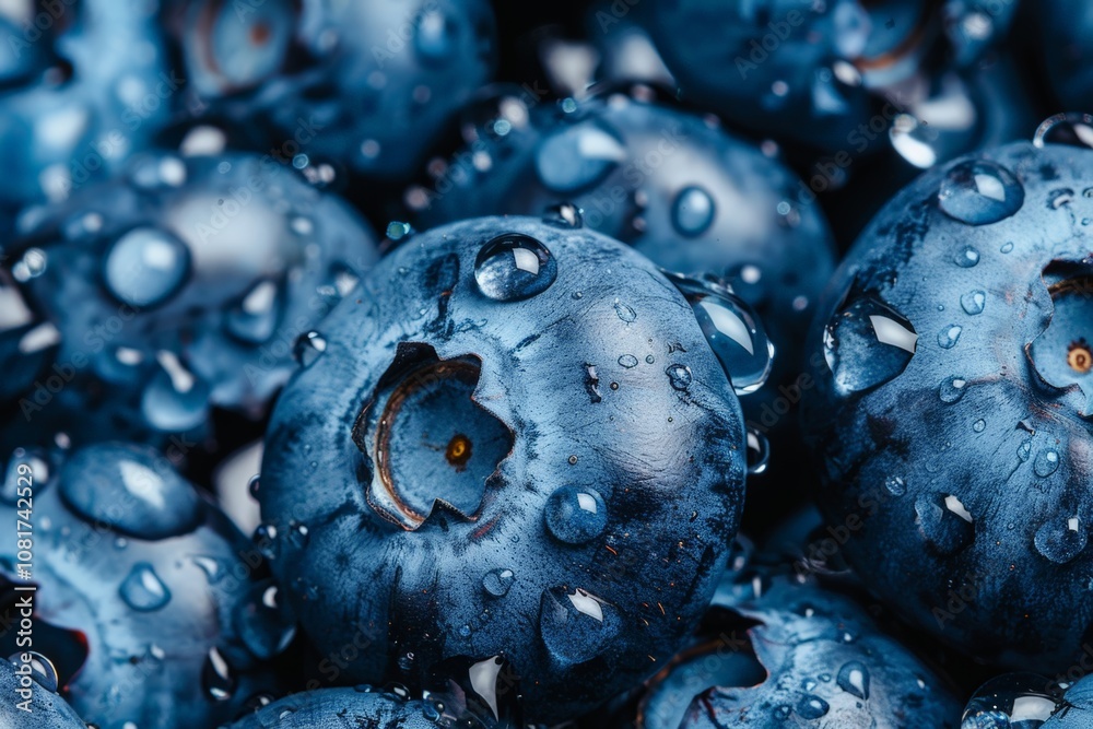 A close-up of fresh, plump blueberries covered in water droplets, paired with green leaves, creating a vibrant and refreshing display of this healthy superfood. A close-up of fresh, plump blueberries covered in water droplets, paired with green leaves, creating a vibrant and refreshing display of this healthy superfood.