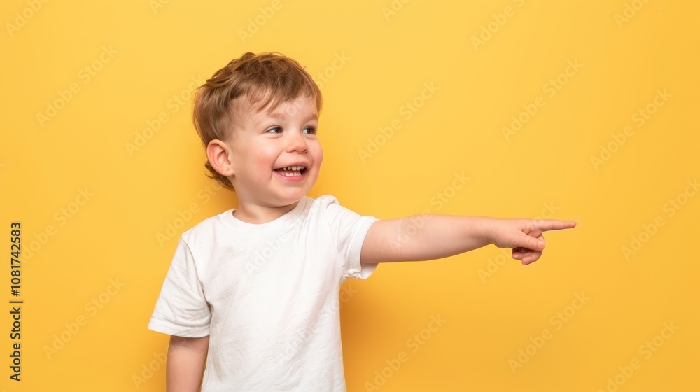 A cheerful little boy in a white t-shirt pointing to the side, standing against a bright yellow background, smiling with excitement and curiosity. A cheerful little boy in a white t-shirt pointing to the side, standing against a bright yellow background, smiling with excitement and curiosity.