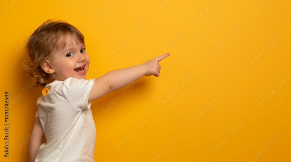 Smiling little girl with curly hair wearing a yellow t-shirt, pointing playfully against a bright yellow background. Smiling little girl with curly hair wearing a yellow t-shirt, pointing playfully against a bright yellow background.