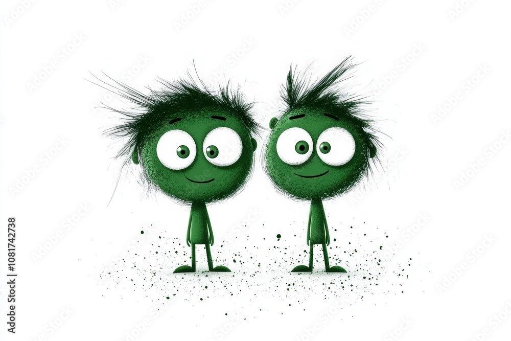 Whimsical green creatures with big eyes and spiky hair