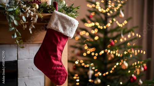 Festive mantel with red stocking and greenery glowing Christmas tree in soft focus creating a cozy holiday atmosphere that captures the warmth of traditional Christmas decor. photo