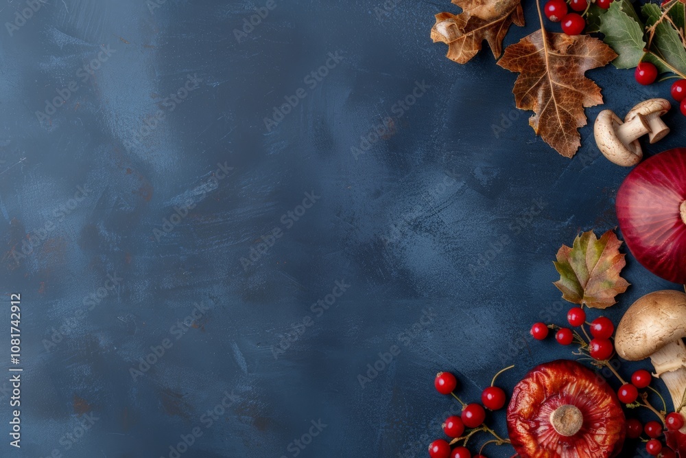 Naklejka premium Autumn-themed background with mushrooms, red onions, berries, and leaves arranged on a dark blue surface, showcasing seasonal harvest.