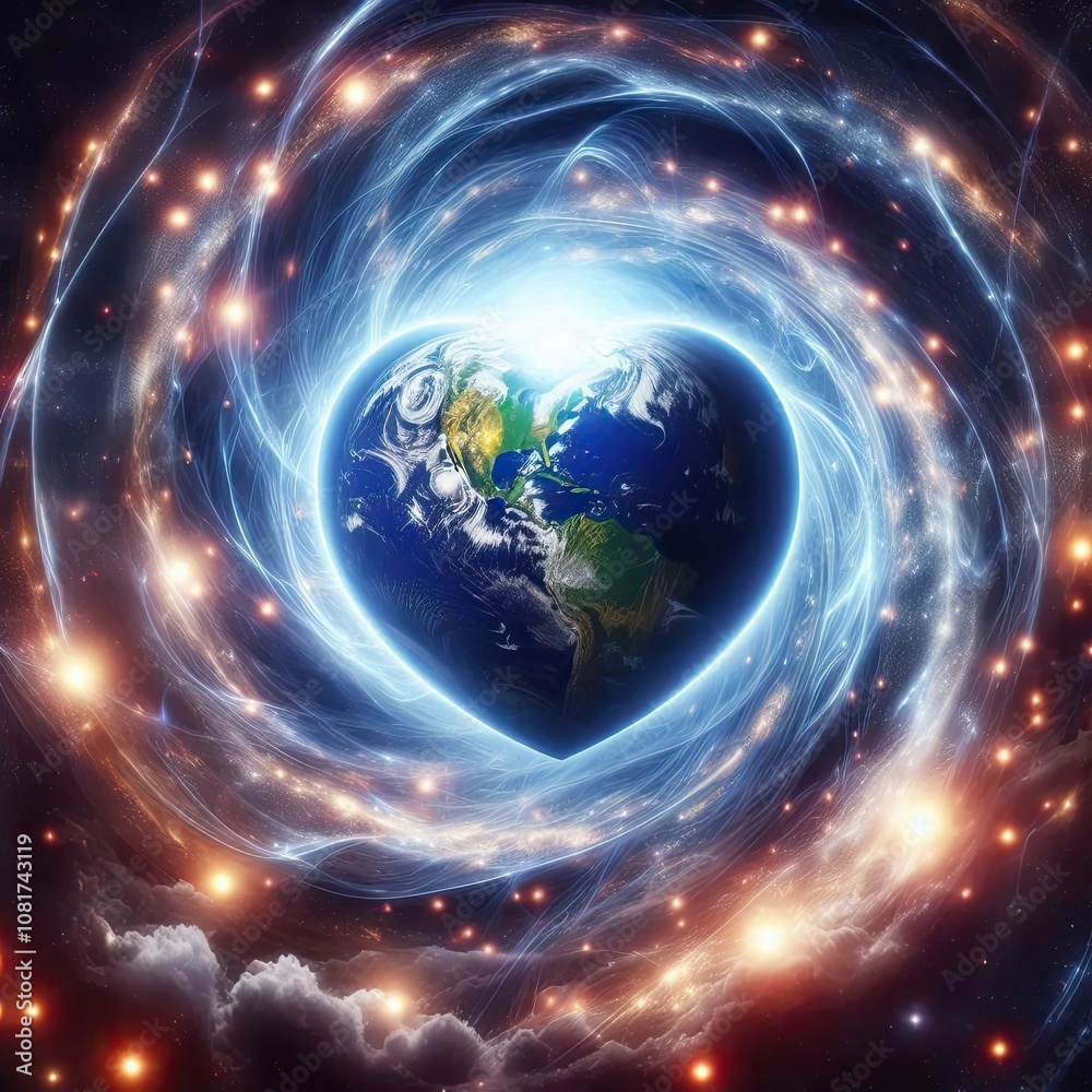 Fototapeta premium Earth as a giant glowing heart surrounded by swirling lights in the cosmos
