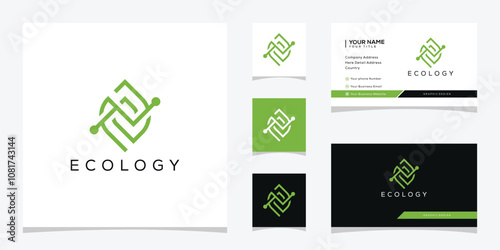 Initial letter E leaf ecology logo design, Digital technology icon concept 