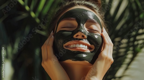 A beautiful young woman relaxing with a face mask at a beauty spa joyfully applying a black mask for skincare