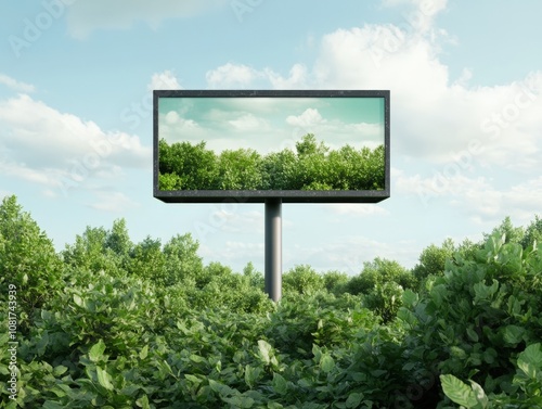 Outdoor digital billboard displaying nature scenery in a lush green forest photo