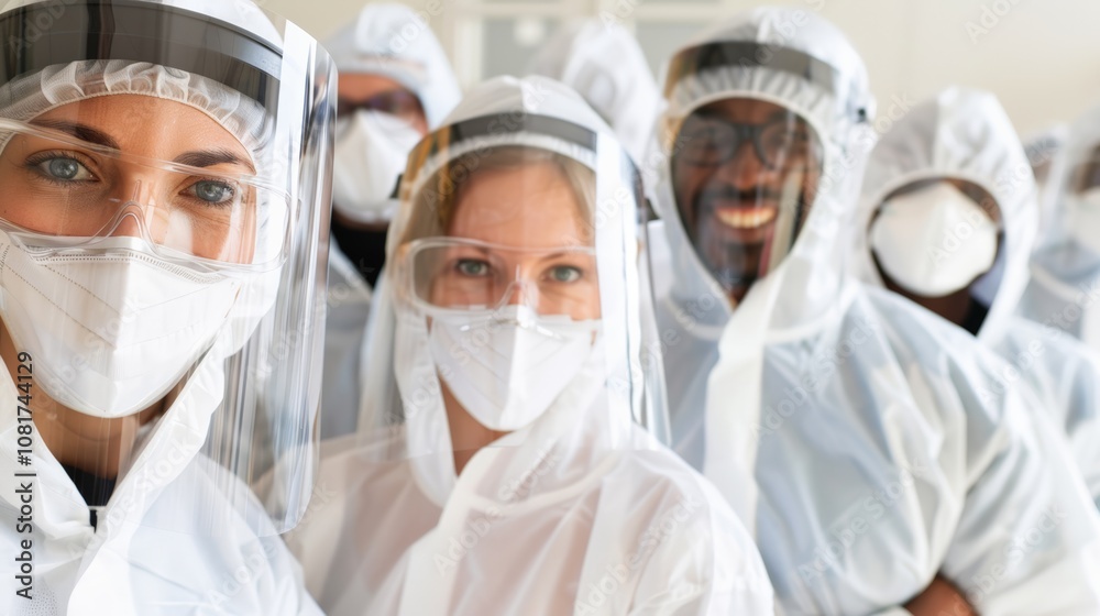 A group of healthcare professionals in full protective gear, including masks and face shields, standing in a circle looking down at the camera. A group of healthcare professionals in full protective gear, including masks and face shields, standing in a circle looking down at the camera.