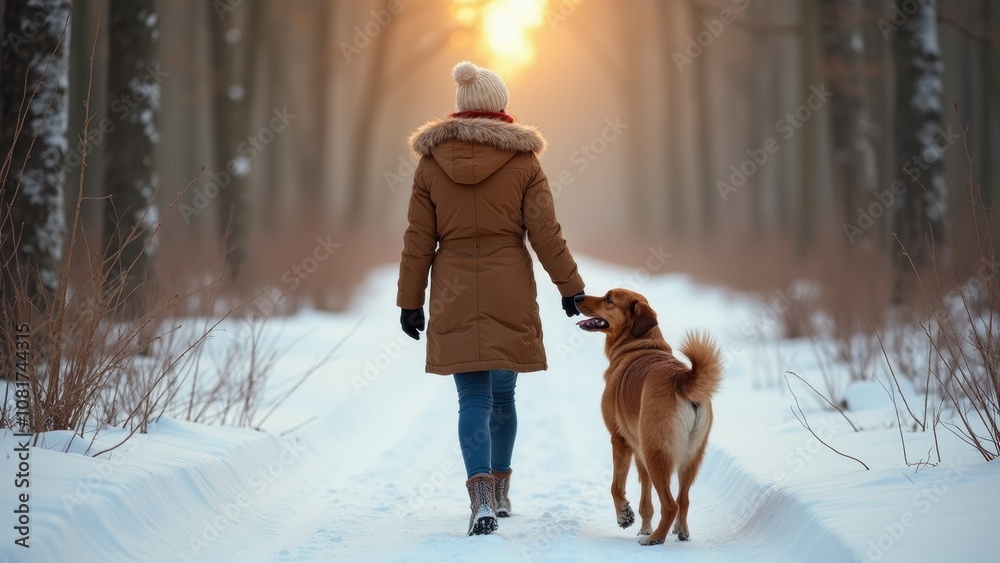 A woman in winter attire strolls with her dog along a snow-covered path in a forest during sunset. Warm light filters through the trees, creating a tranquil atmosphere A woman in winter attire strolls with her dog along a snow-covered path in a forest during sunset. Warm light filters through the trees, creating a tranquil atmosphere