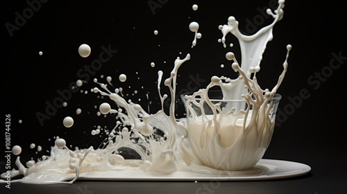 Milk flying top from a transparent glass cup on a black background	
 photo