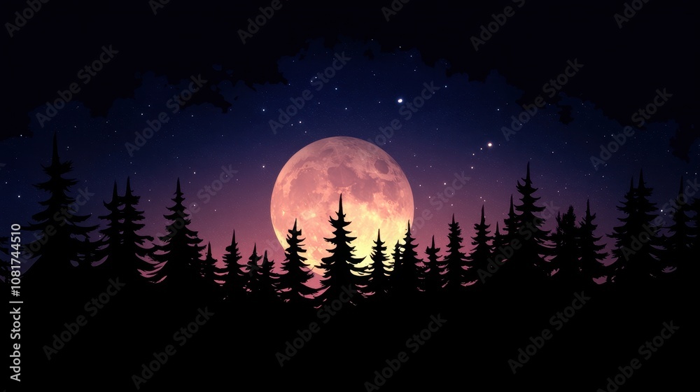 Naklejka premium A serene night scene with a bright full moon illuminating a silhouetted forest of tall pine trees against a deep indigo sky, sprinkled with twinkling stars, evokes peace and solitude.