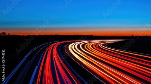 A stunning long-exposure vibrant light trails from vehicles on a winding road at dusk, showcasing a swirl of red and white lights against a twilight sky.