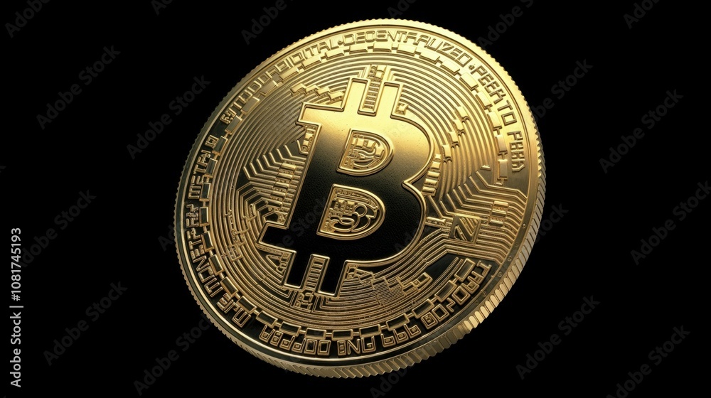 Golden Bitcoin physical coin with detailed crypto design on black background. High-end 3D rendering showcases intricate circuit patterns and logo, perfect for financial technology and cryptocurrency