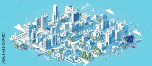 An isometric illustration of a modern city with skyscrapers, buildings, trees, and blue sky.