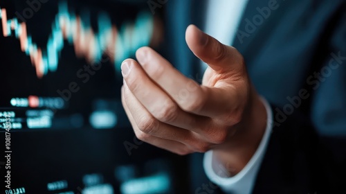 Close-up of business professionalhand gestures towards vibrant digital financial graph on touchscreen, symbolizing market trends and datanalysis in modern finance.