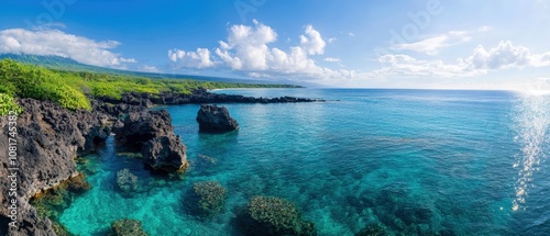 Breathtaking ocean view with rocky coastline and lush vegetation