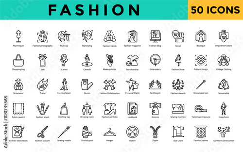 Fashion icons set with mannequin, fashion photography, makeup, hairstyling, fashion trends, fashion magazine, fashion blog, retail, boutique, department store icon. Simple line vector 