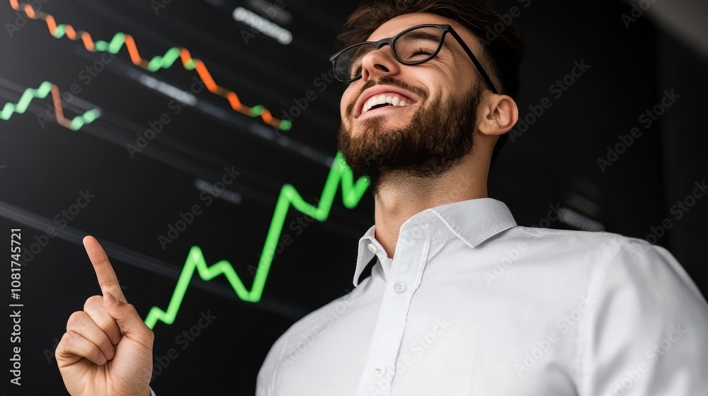 Confident young man in stylish white shirt and glasses stands before digital screen showing green upward trend line, symbolizing financial growth and success. Confident young man in stylish white shirt and glasses stands before digital screen showing green upward trend line, symbolizing financial growth and success.