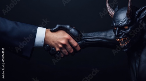 Dramatic close-up shows businessman in tailored suit shaking hands with devil-like figure, symbolizing power, temptation, and moral ambiguity against dark backdrop.