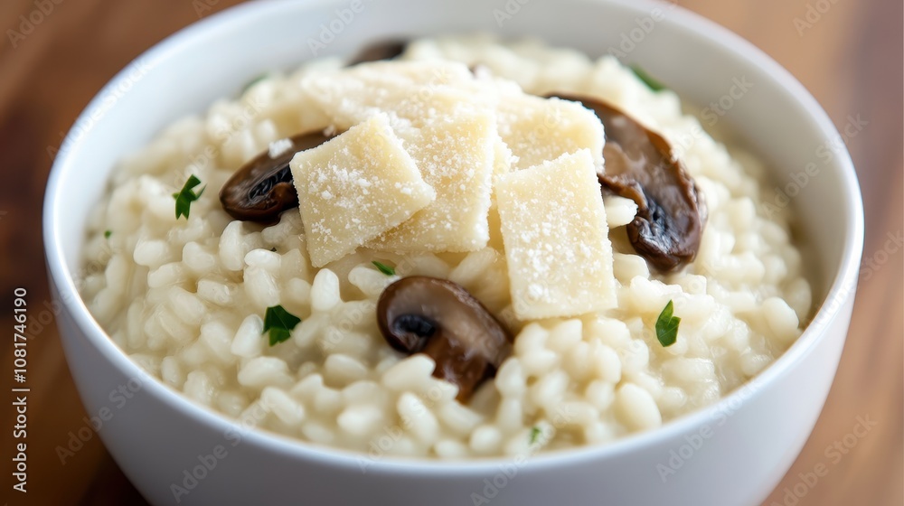 Indulge in a creamy risotto adorned with aged parmesan, sauteed mushrooms, and fresh parsley. Set in a simple white bowl on warm wood, it embodies comfort and elegance. Indulge in a creamy risotto adorned with aged parmesan, sauteed mushrooms, and fresh parsley. Set in a simple white bowl on warm wood, it embodies comfort and elegance.