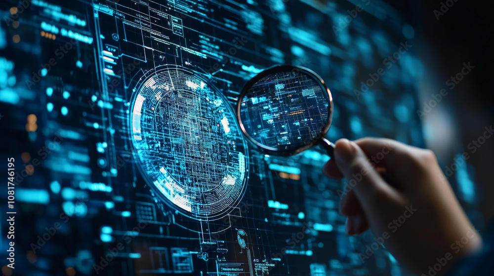 person holding magnifying glass over digital blueprint, analyzing data and technology. scene conveys sense of exploration and innovation person holding magnifying glass over digital blueprint, analyzing data and technology. scene conveys sense of exploration and innovation