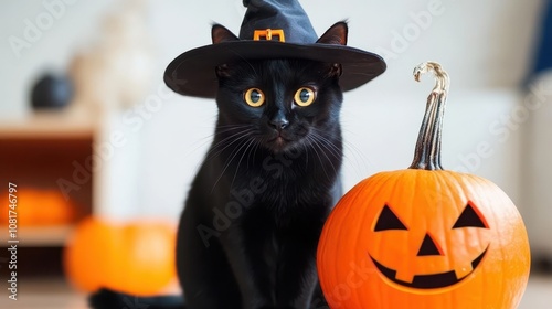 A black cat wearing a witch hat sits next to a carved pumpkin, exuding a playful Halloween spirit in a cozy indoor setting.