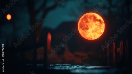 Night an oversized orange moon glowing in deep blue sky, casting ethereal light over tranquil landscape with silhouetted trees.