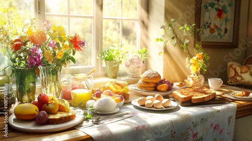 Bright and Warm Breakfast Table with Fresh Fruits and Baked Goods