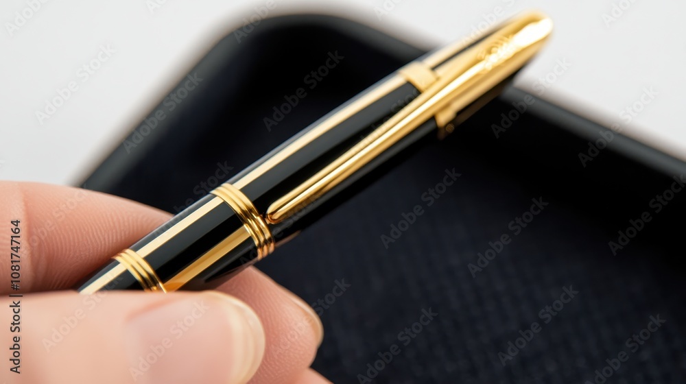 Sophisticated hand holds luxurious black and gold fountain pen against minimalist background. ideal for business, writing, and promoting high-end stationery. Sophisticated hand holds luxurious black and gold fountain pen against minimalist background. ideal for business, writing, and promoting high-end stationery.