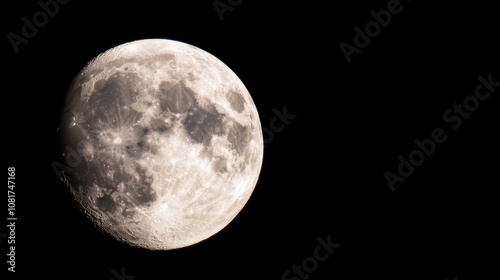 Stunning close-up of the crescent moon against black backdrop, revealing its craters and maria. image is perfect for educational projects and artistic uses.