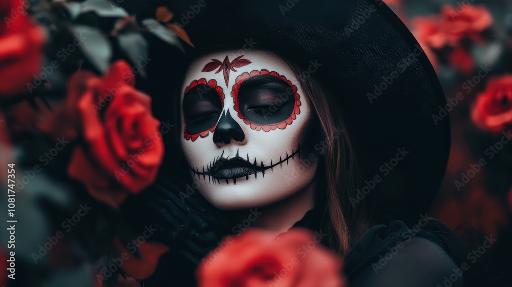 Vibrant close-up portrait of woman in dide los muertos face paint, featuring skull designs and flowers. surrounded by red roses, her pale skin contrasts beautifully. Vibrant close-up portrait of woman in dide los muertos face paint, featuring skull designs and flowers. surrounded by red roses, her pale skin contrasts beautifully.