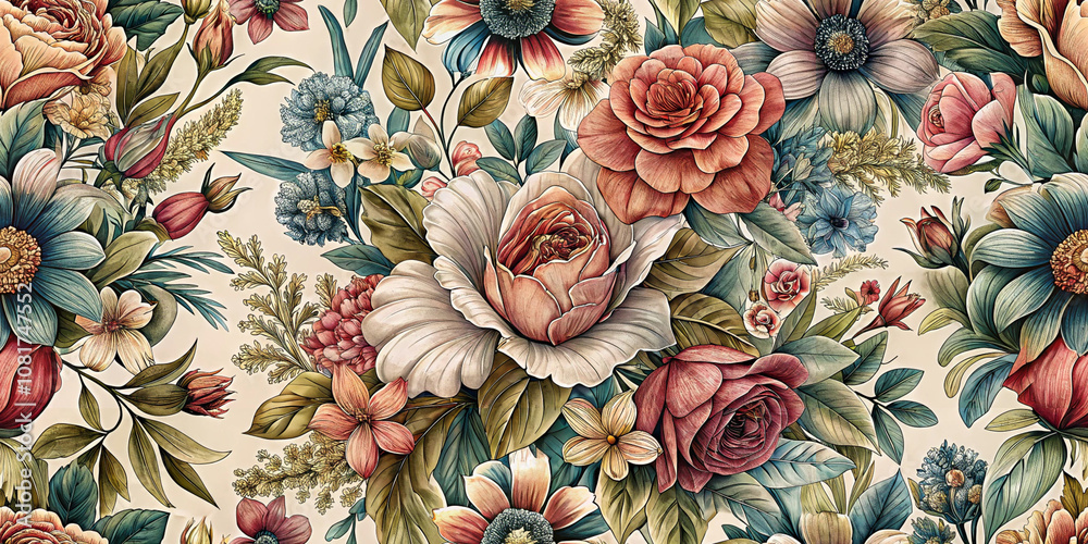 Fototapeta premium A beautifully detailed vintage floral pattern with roses, blossoms, and intricate leaves. Perfect for wallpapers, fabric design, or stationery.