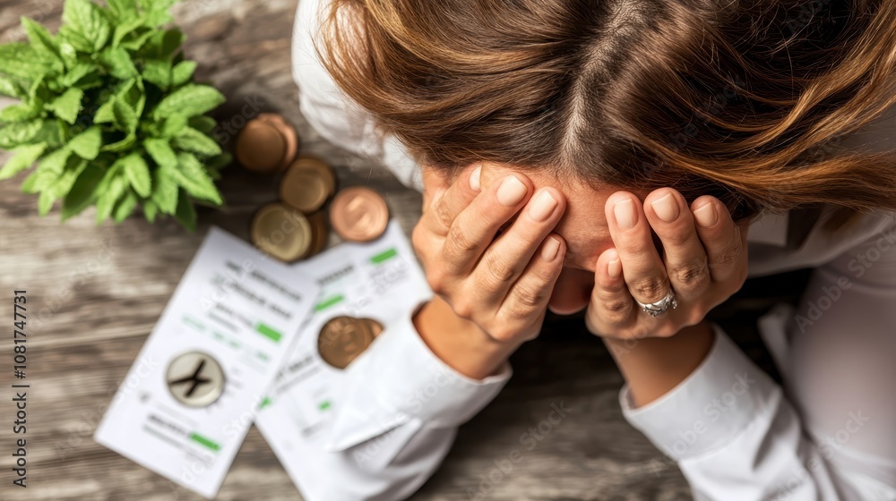 Young woman sits at wooden table, distressed with her face in her hands, surrounded by financial documents and coins. small green plant adds life to the scene. Young woman sits at wooden table, distressed with her face in her hands, surrounded by financial documents and coins. small green plant adds life to the scene.