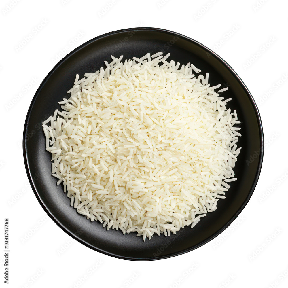 A top view boiled rice on black plate isolated on transparent background A top view boiled rice on black plate isolated on transparent background