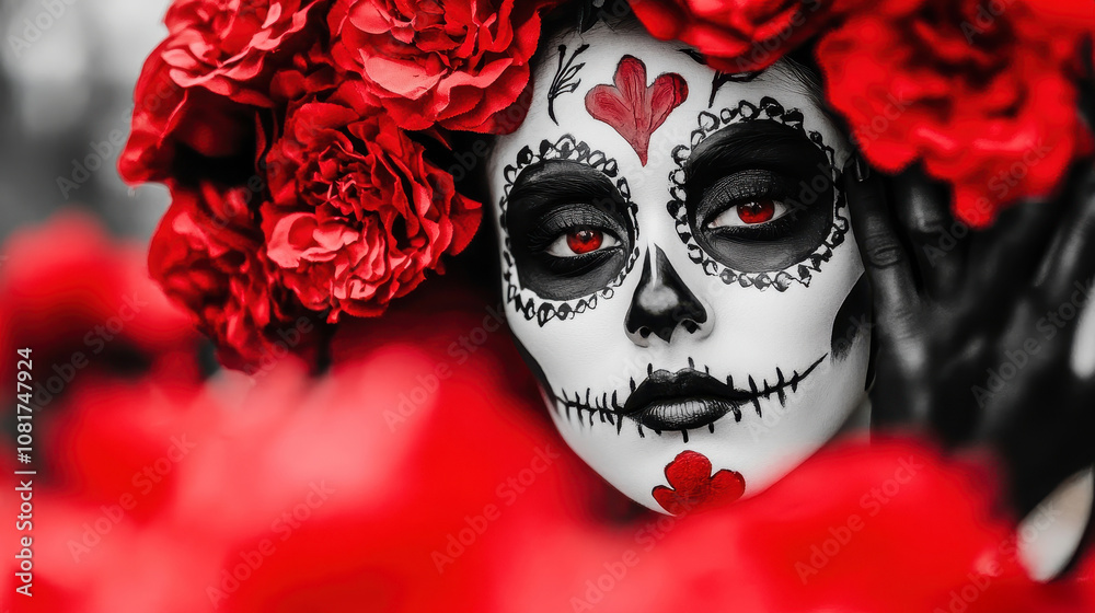 A close-up of a woman with vibrant red roses against a floral backdrop. Her Dia de los Muertos face art features intricate designs and bold accents, embodying cultural celebration.