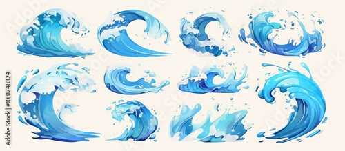 Set of 12 cartoon blue ocean waves in different poses.