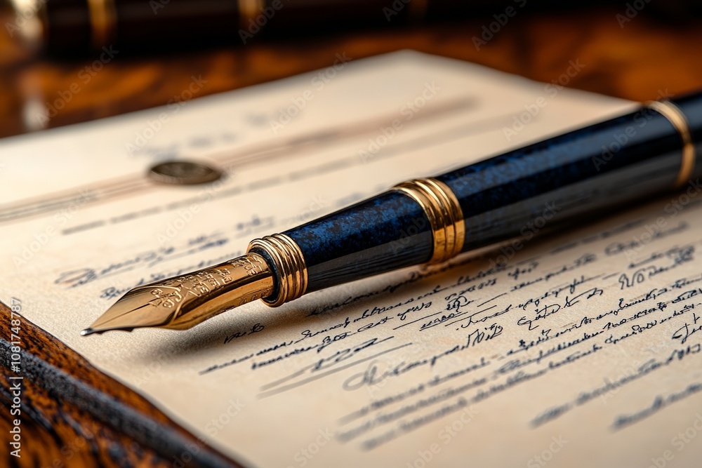 A luxurious fountain pen rests on a handwritten document, symbolizing elegance, craftsmanship, and the art of writing. A luxurious fountain pen rests on a handwritten document, symbolizing elegance, craftsmanship, and the art of writing.