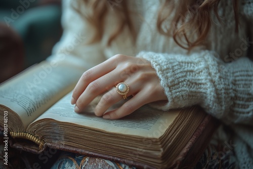 A woman's hand wearing a vintage pearl ring rests gently on an aged book with yellowed pages.