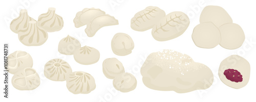 Set with traditional food made of dough with meat. Russian pelmeni, Georgian khinkali, Buryat buuz, vareniki. Unsweetened boiled pies with minced meat filling. Vector illustration