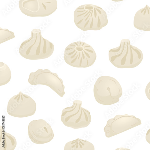 Endless seamless pattern with traditional food made of dough with meat. Russian pelmeni, Georgian khinkali, Buryat buuz, vareniki. Vector illustration isolated on transparent background.